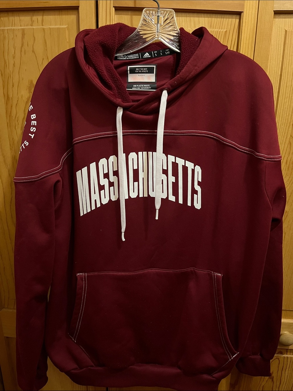 adidas Maroon Pullover Hoodie with White university of Massachusetts Text
